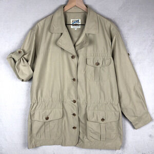 TRAVELSMITH Khaki Safari Cargo Jacket Women's Sz XL Beige Roll Tab Twill Pockets